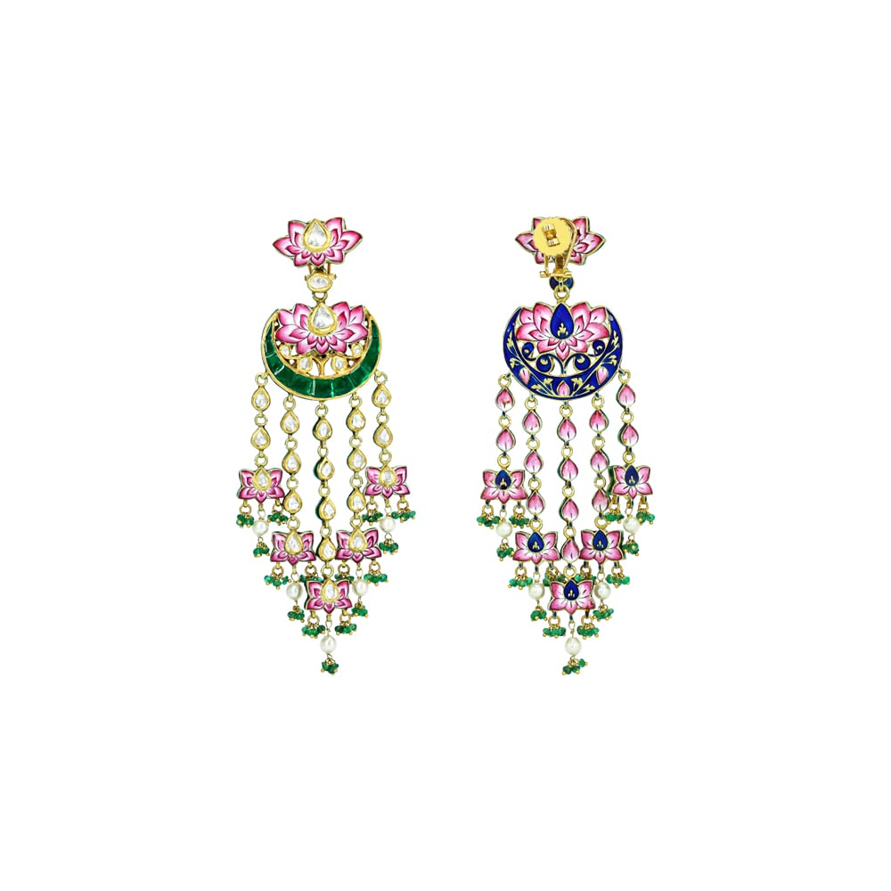 Pink-Green Lotus Enamel Earrings with Polkis